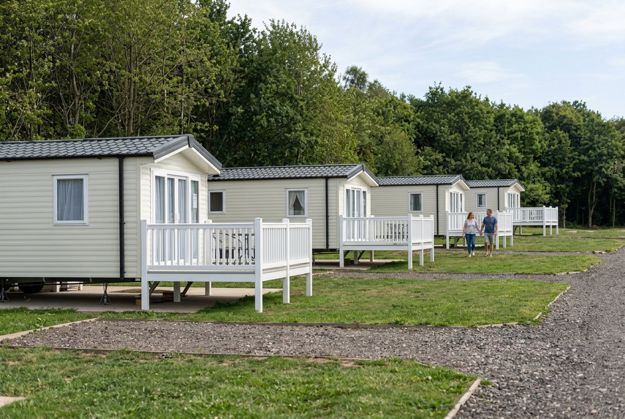 Illustrative ground-level view of the cream holiday lodges and white decking, with guests added